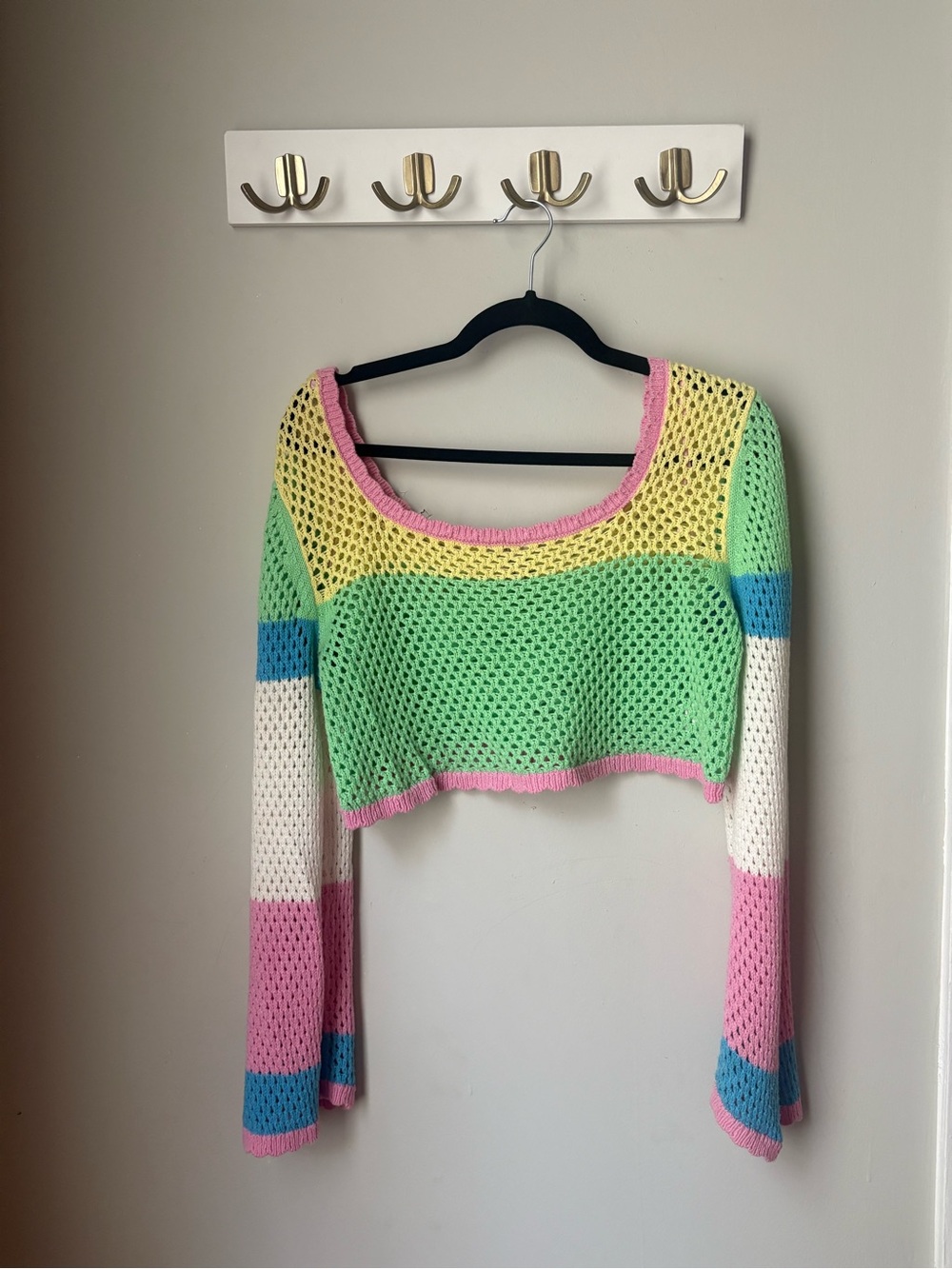 Pastel Crochet Long-Sleeve Swim Coverup Crop